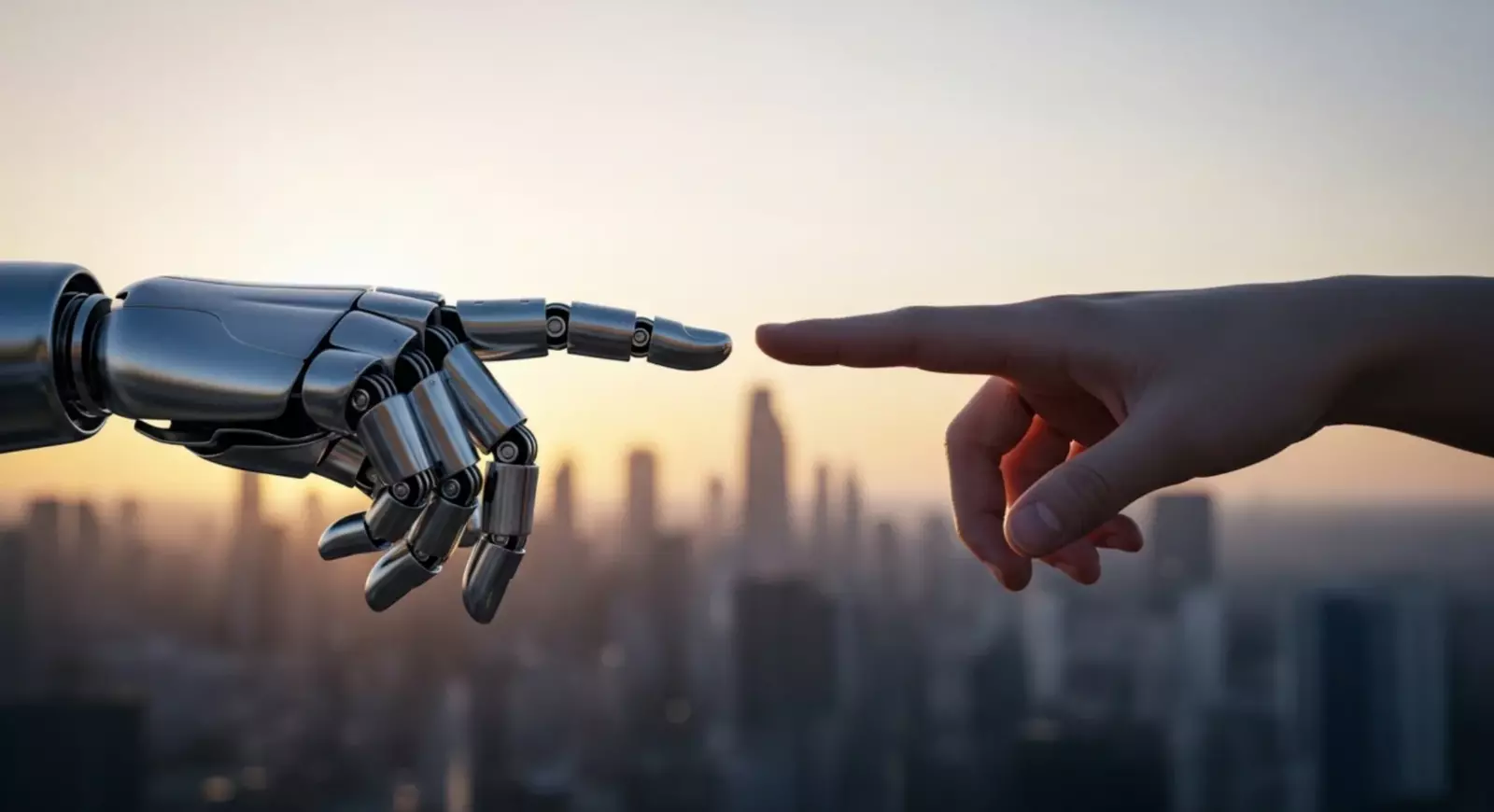 Mano humana y mano robótica a punto de tocarse